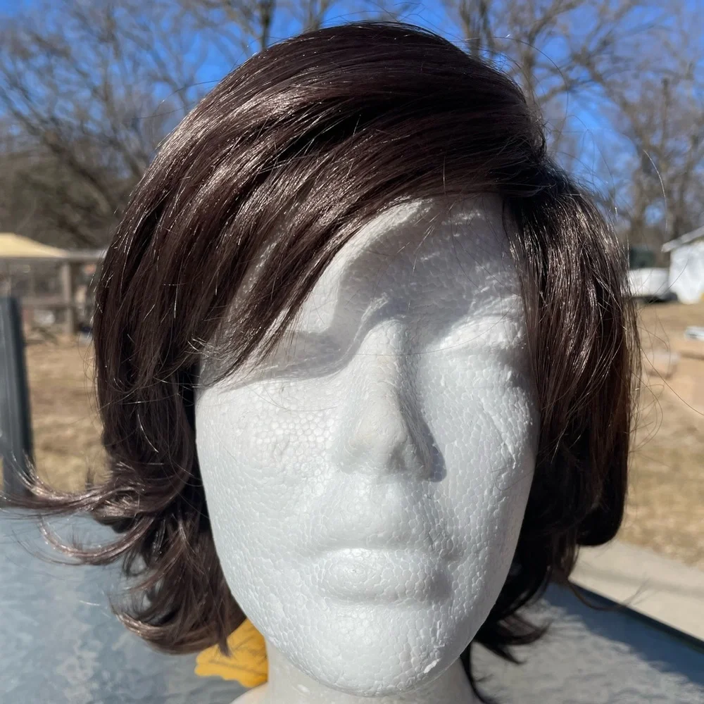 NWT dark brown wig deep side part medium brunette wavy natural real short hair